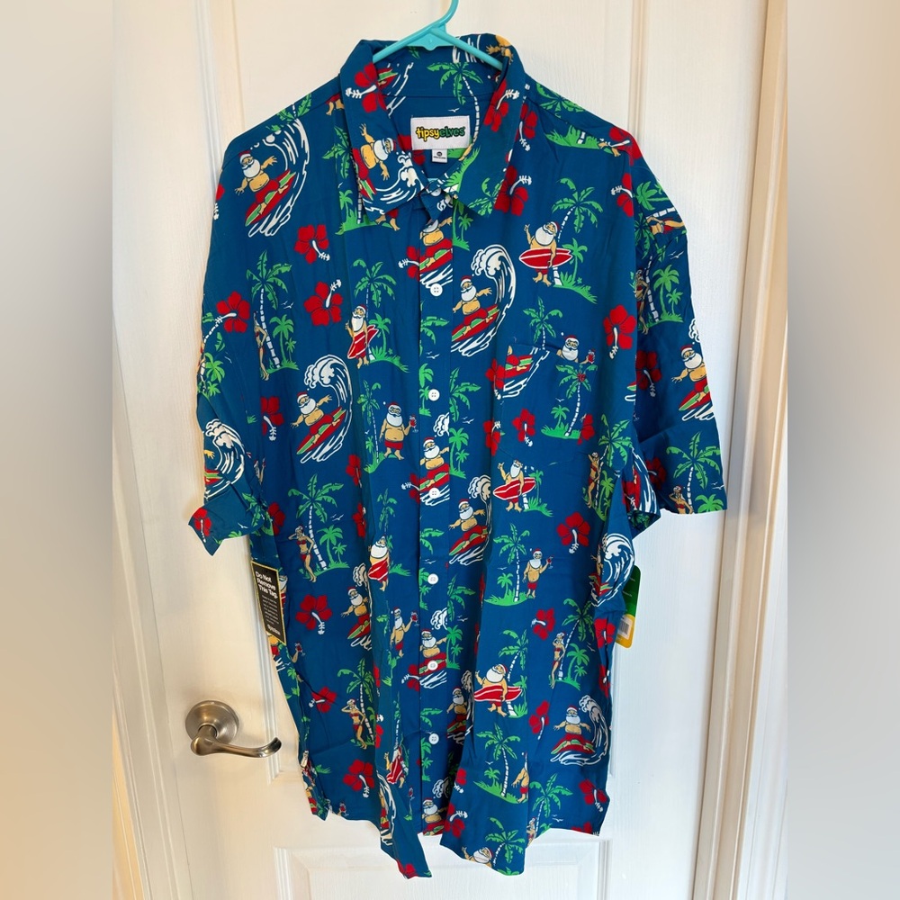 NWT Tipsy Elves Hawaiian Blue Santa 🎅🏼 Surfing Print Men's Shirt Size 3XL